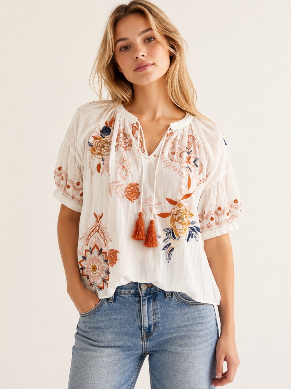 Kyla Seo Izzy Embroidered Cotton Peasant Top Boho Floral Tassel Johnny Was Style